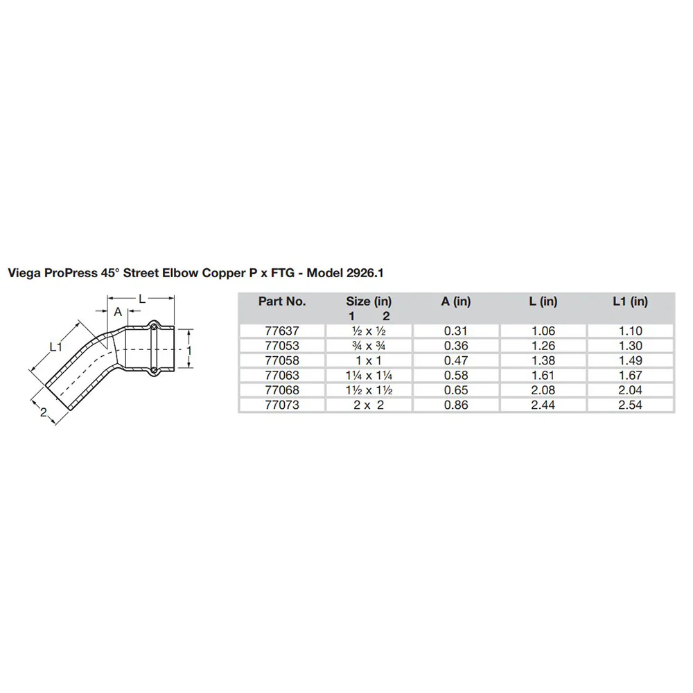 Viega ProPress 1/2" - 45 Copper Elbow - Street/Press Connection [77637] - Image 2